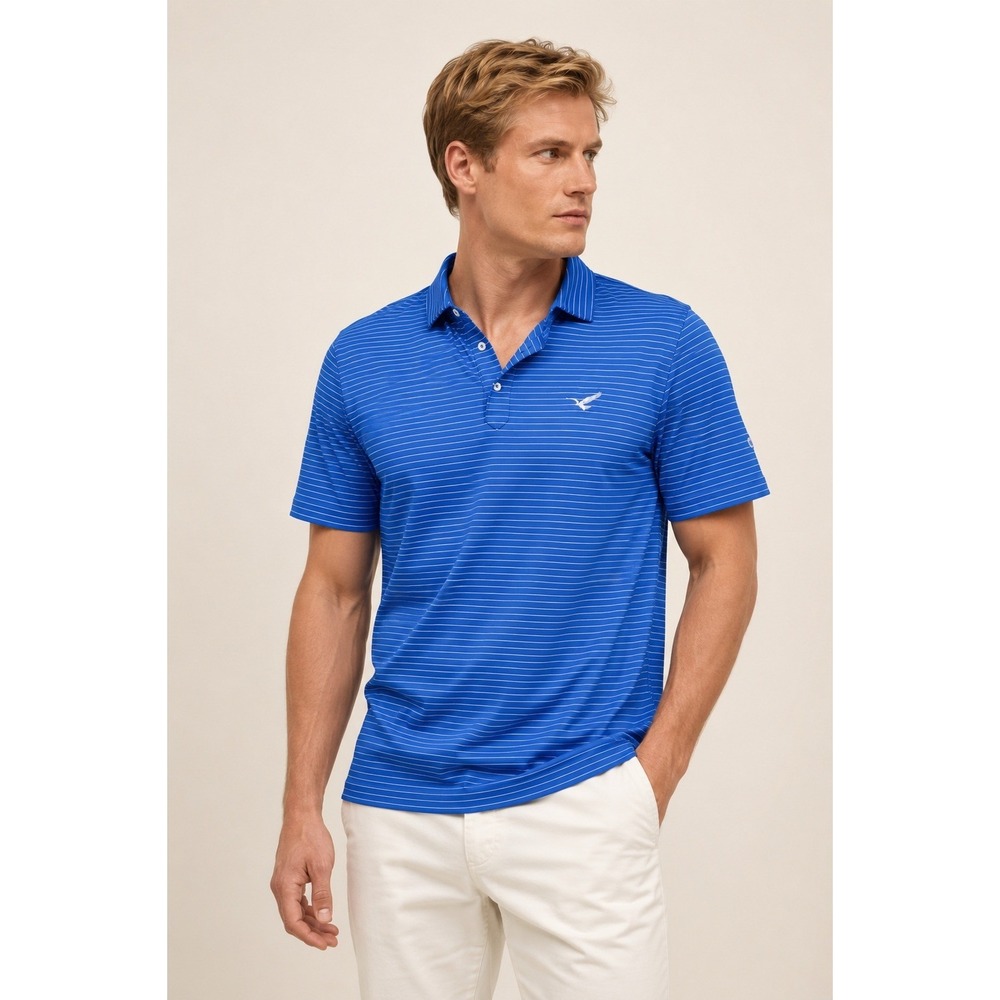 Stitch Golf Mens L Blue Striped Performance Polo Shirt Short Sleeve Bird Logo